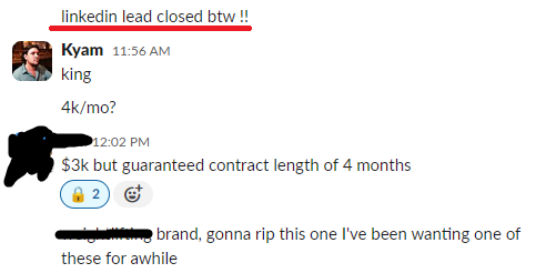 Client message reporting a LinkedIn lead closed on a four-month contract