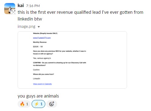 Client message reporting their first revenue-qualified lead from LinkedIn