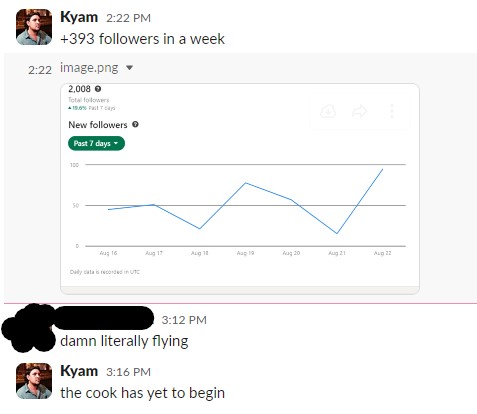 Client message and analytics showing 393 new followers in one week