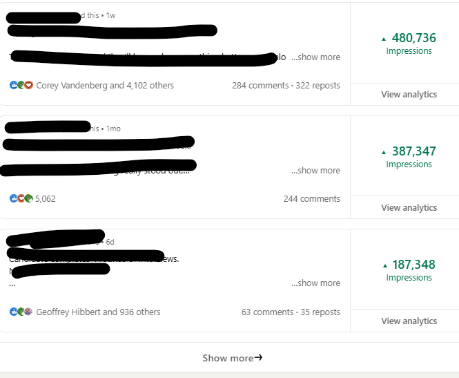 LinkedIn analytics showing three posts with hundreds of thousands of impressions across time