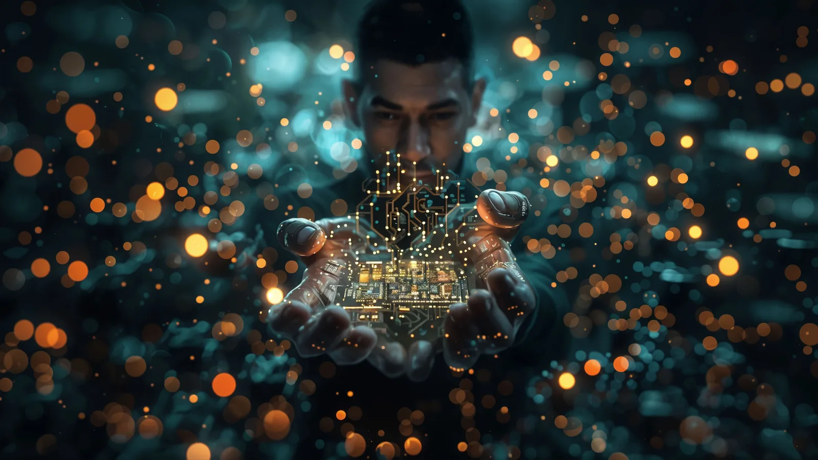 Profesional sosteniendo un circuito de inteligencia artificial, representando la innovación tecnológica y automatización avanzada de vozy.ia.