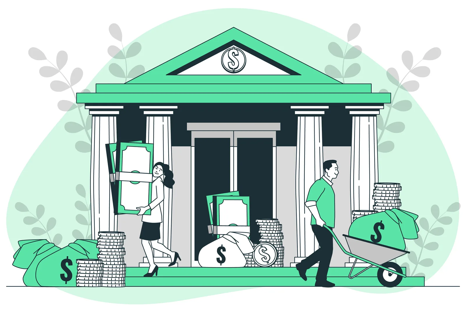 Ilustración de banco y movimiento de dinero, representando cómo vozy.ia ayuda a automatizar cobranzas, pagos y comunicaciones financieras.