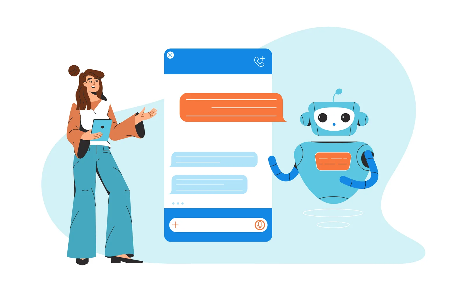 Ilustración de chatbot de vozy.ia conversando con una usuaria desde una interfaz digital para automatizar atención y soporte al cliente.