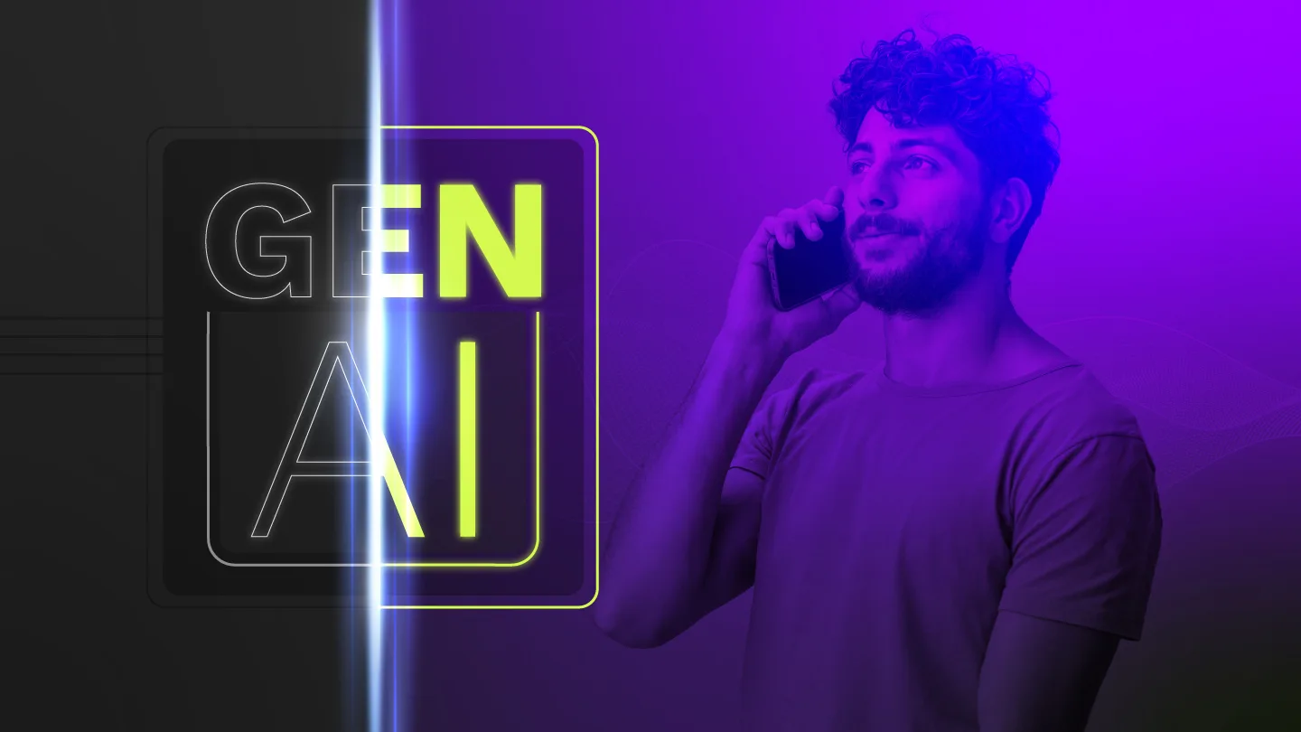 Persona hablando por teléfono junto a gráfico de Gen AI, representando cómo vozy.ia integra inteligencia artificial generativa en conversaciones y atención al cliente.