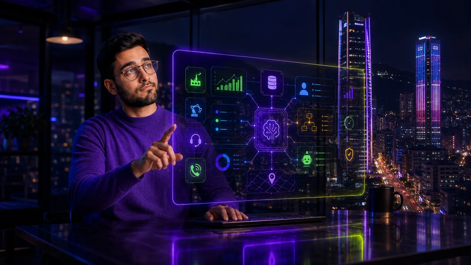 Vozy.ia agente de voz con IA para automatización empresarial, representado por un profesional gestionando dashboards inteligentes, procesos, analítica, llamadas y sistemas conectados en Bogotá.