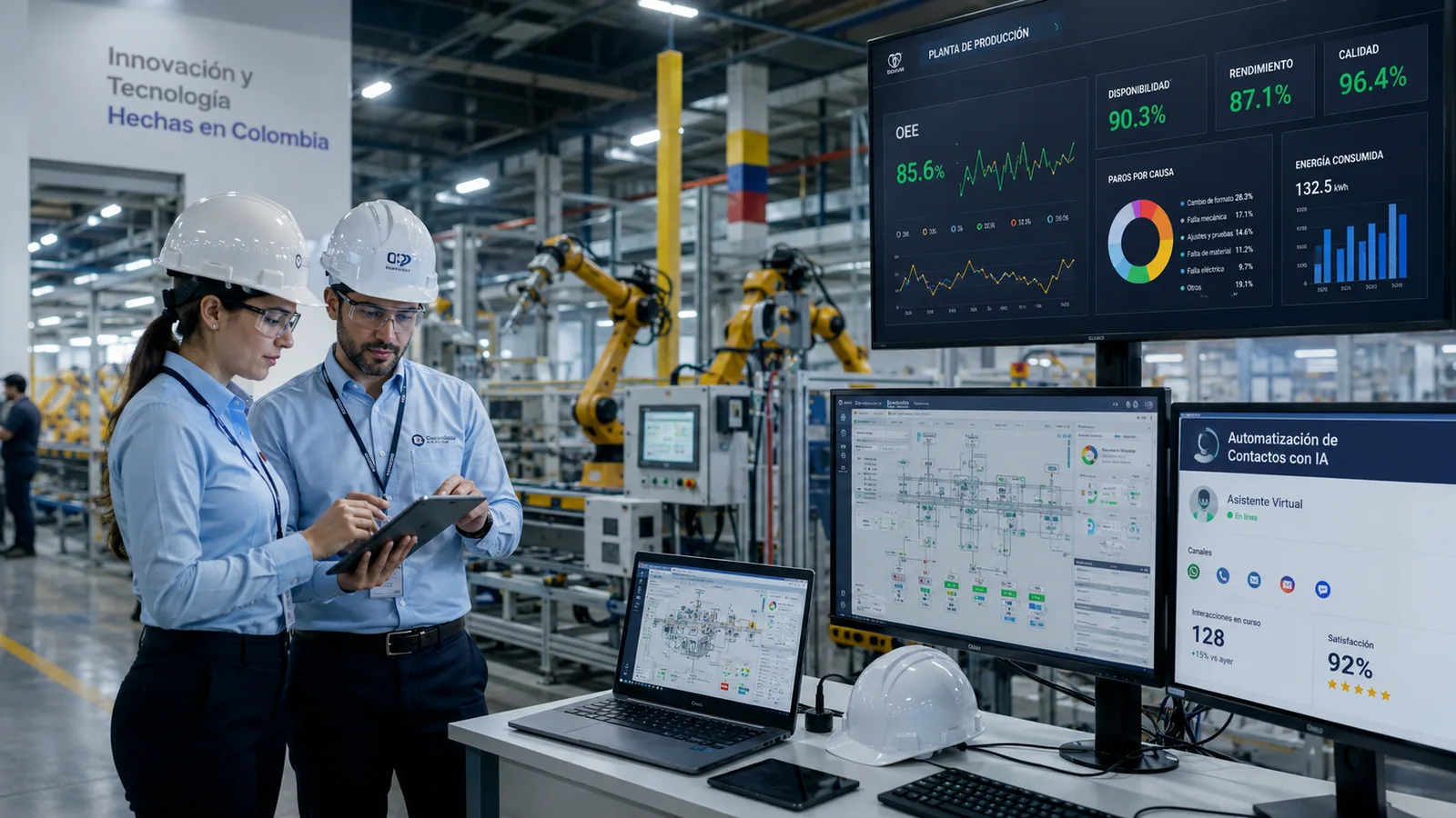 Vozy.ia agente de voz con IA para monitoreo industrial, representado por una planta de producción con dashboards de OEE, disponibilidad, rendimiento, calidad y automatización de contactos.