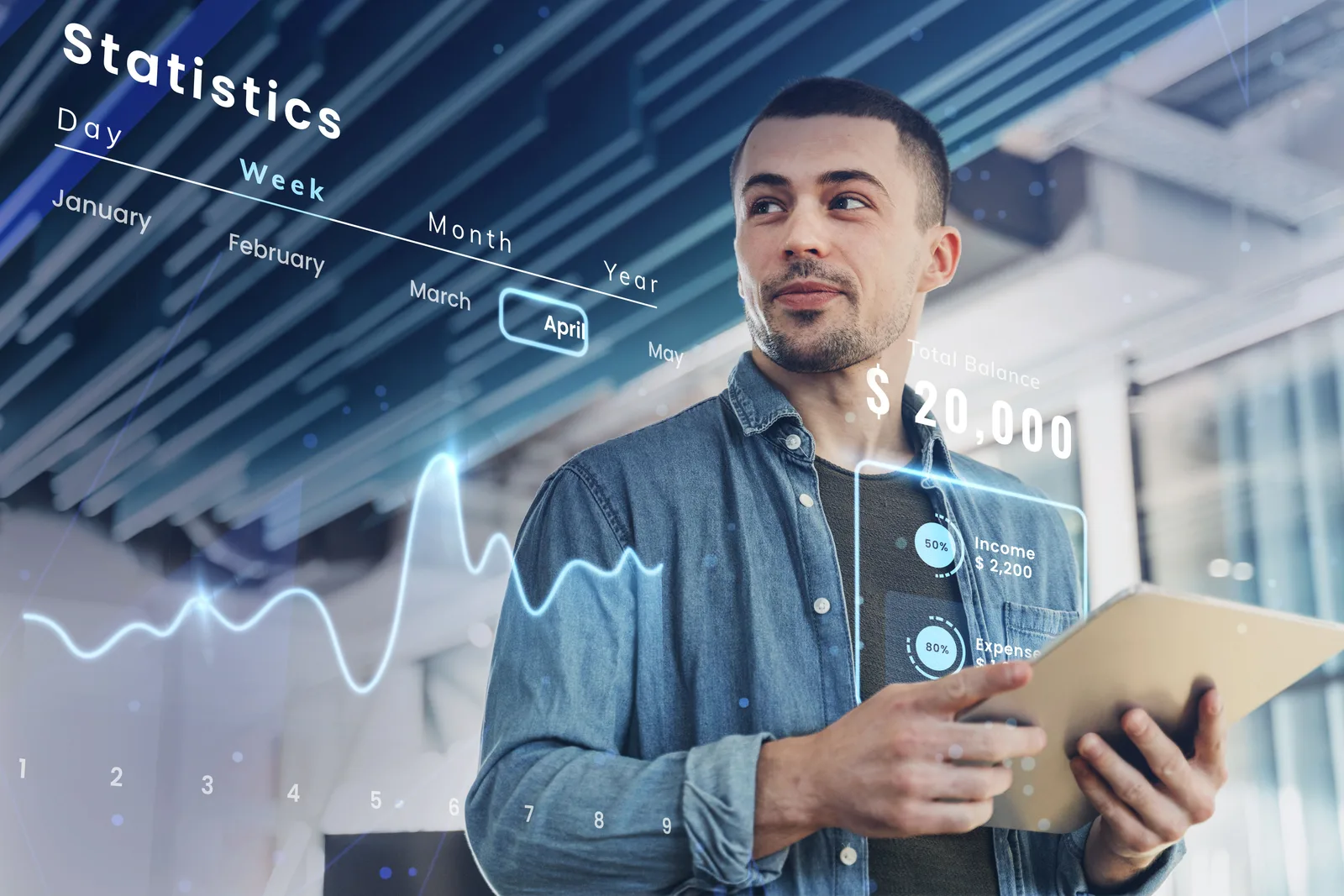 Profesional revisando estadísticas y métricas digitales en una tablet, representando cómo vozy.ia ayuda a analizar resultados y optimizar decisiones empresariales.