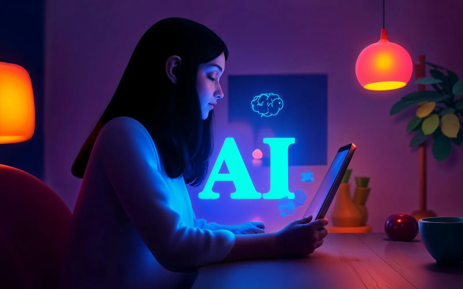 Persona usando una tablet junto a un letrero de inteligencia artificial, representando cómo vozy.ia impulsa experiencias digitales con IA conversacional.