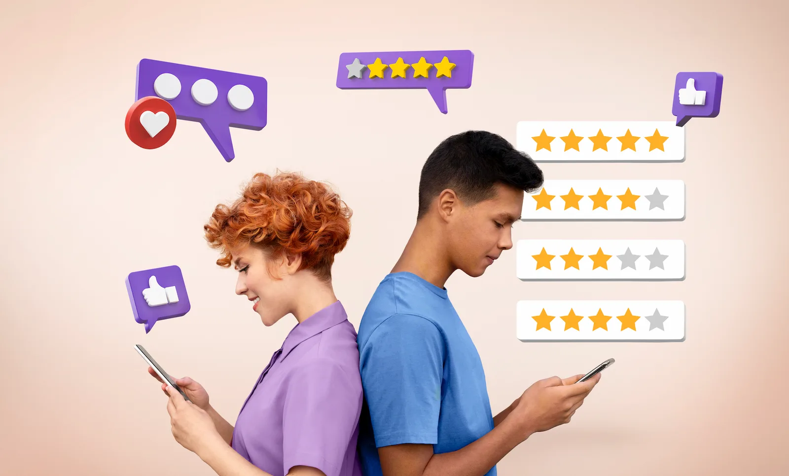 Personas usando sus teléfonos junto a íconos de reseñas y calificaciones, representando cómo vozy.ia ayuda a mejorar la experiencia del cliente y medir la satisfacción.