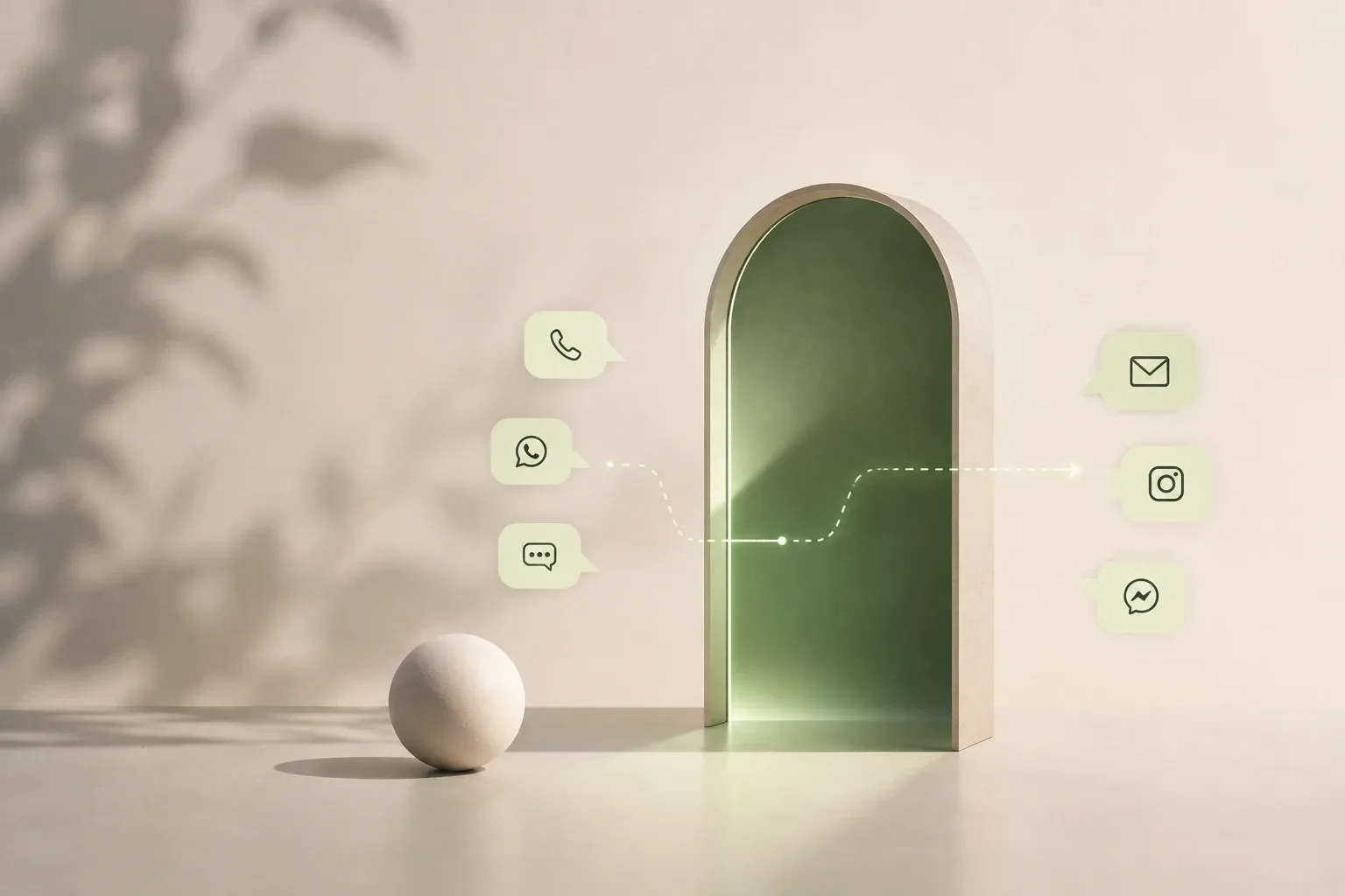 Escena minimalista con un arco por el que entran iconos de llamada, WhatsApp y chat y salen convertidos en correo, Instagram y Messenger.