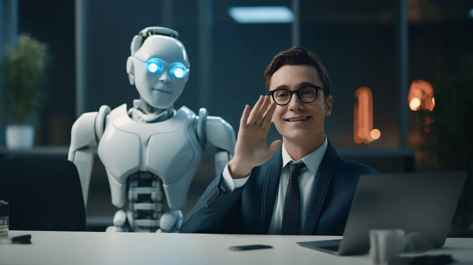 Profesional trabajando junto a un asistente de inteligencia artificial, representando la colaboración humano-IA de vozy.ia para automatizar tareas y mejorar la atención al cliente.