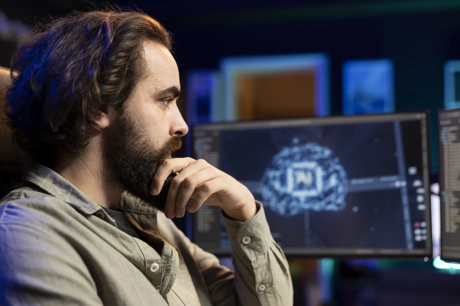 Vozy.ia agente de voz con IA para análisis y optimización de procesos, representado por un profesional observando modelos de inteligencia artificial en pantallas digitales.
