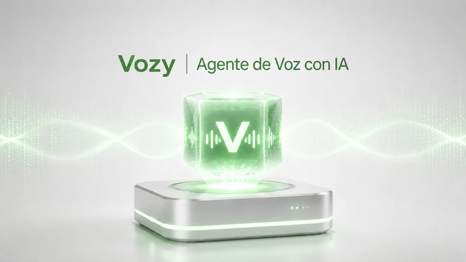 Vozy.ia Agente de Voz con IA representado por un cubo digital verde sobre una base tecnológica con ondas de sonido de fondo.