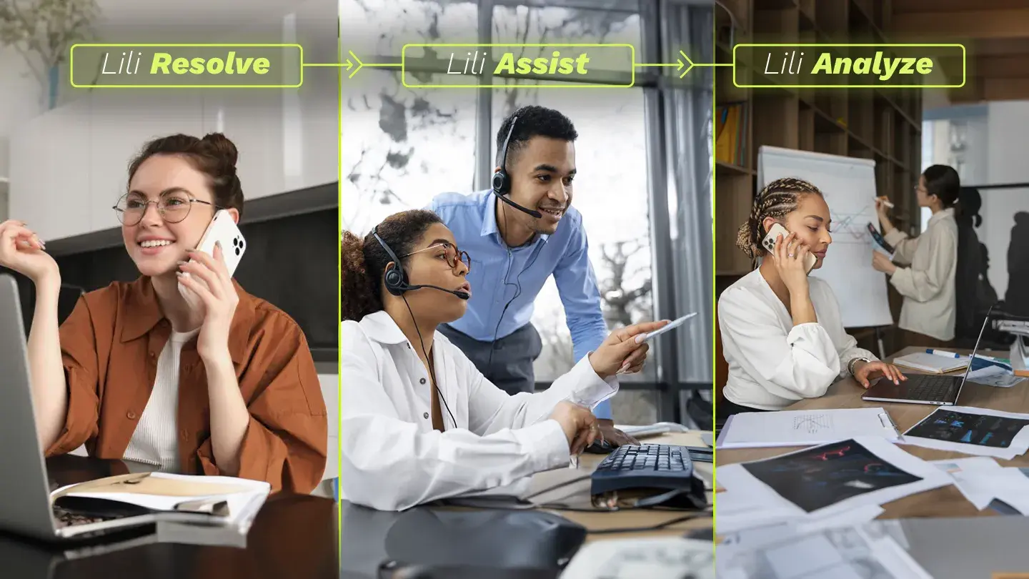 Soluciones Lili Resolve, Lili Assist y Lili Analyze de vozy.ia para optimizar la atención al cliente.