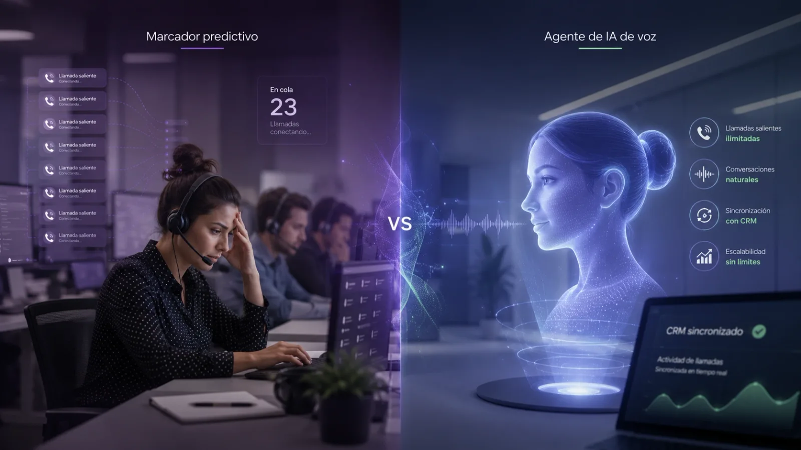 Marcador predictivo vs agente de IA de voz para outbound