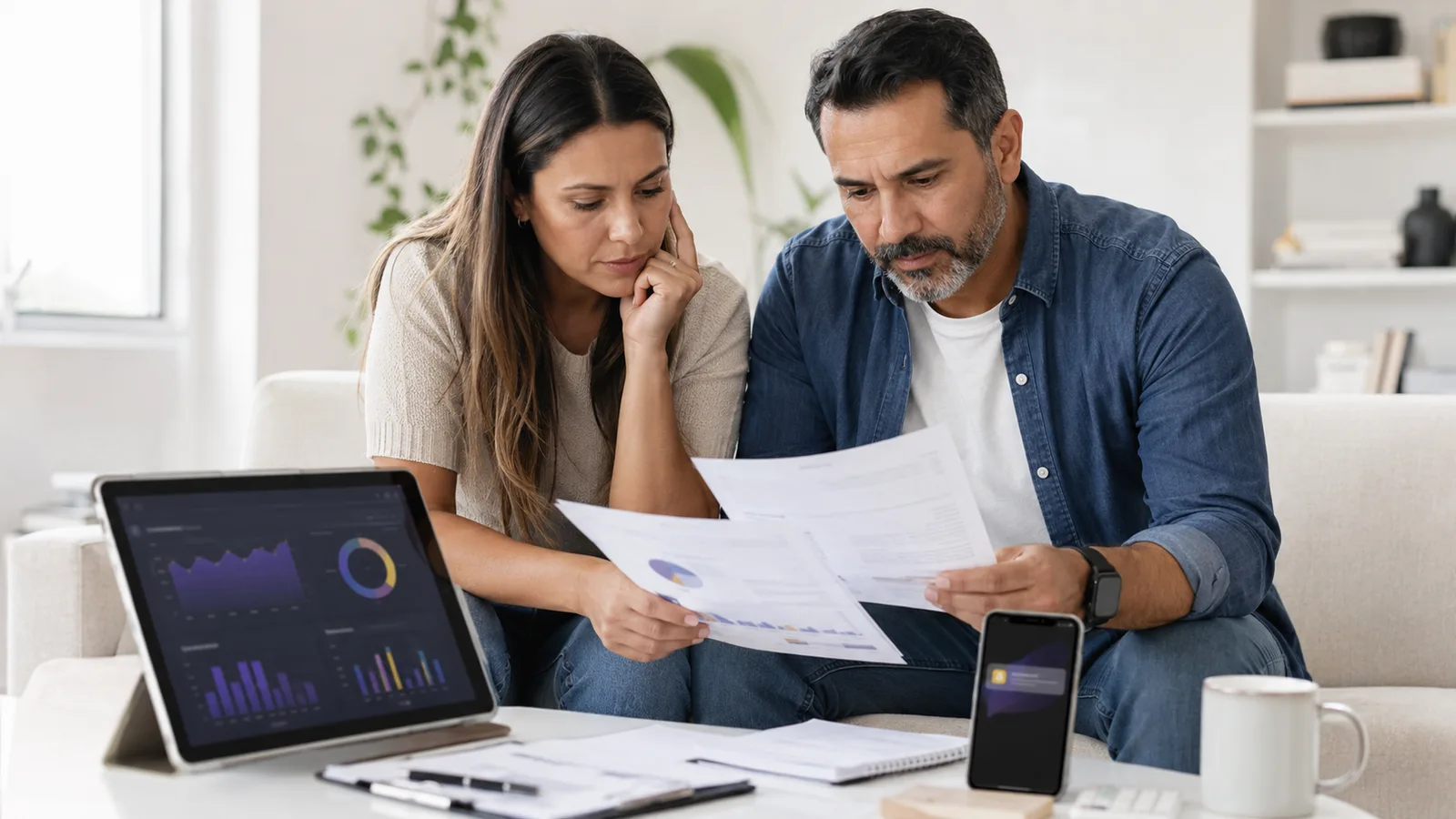 Vozy.ia agente de voz con IA para servicios financieros, representado por una pareja revisando documentos y métricas digitales en un entorno doméstico.