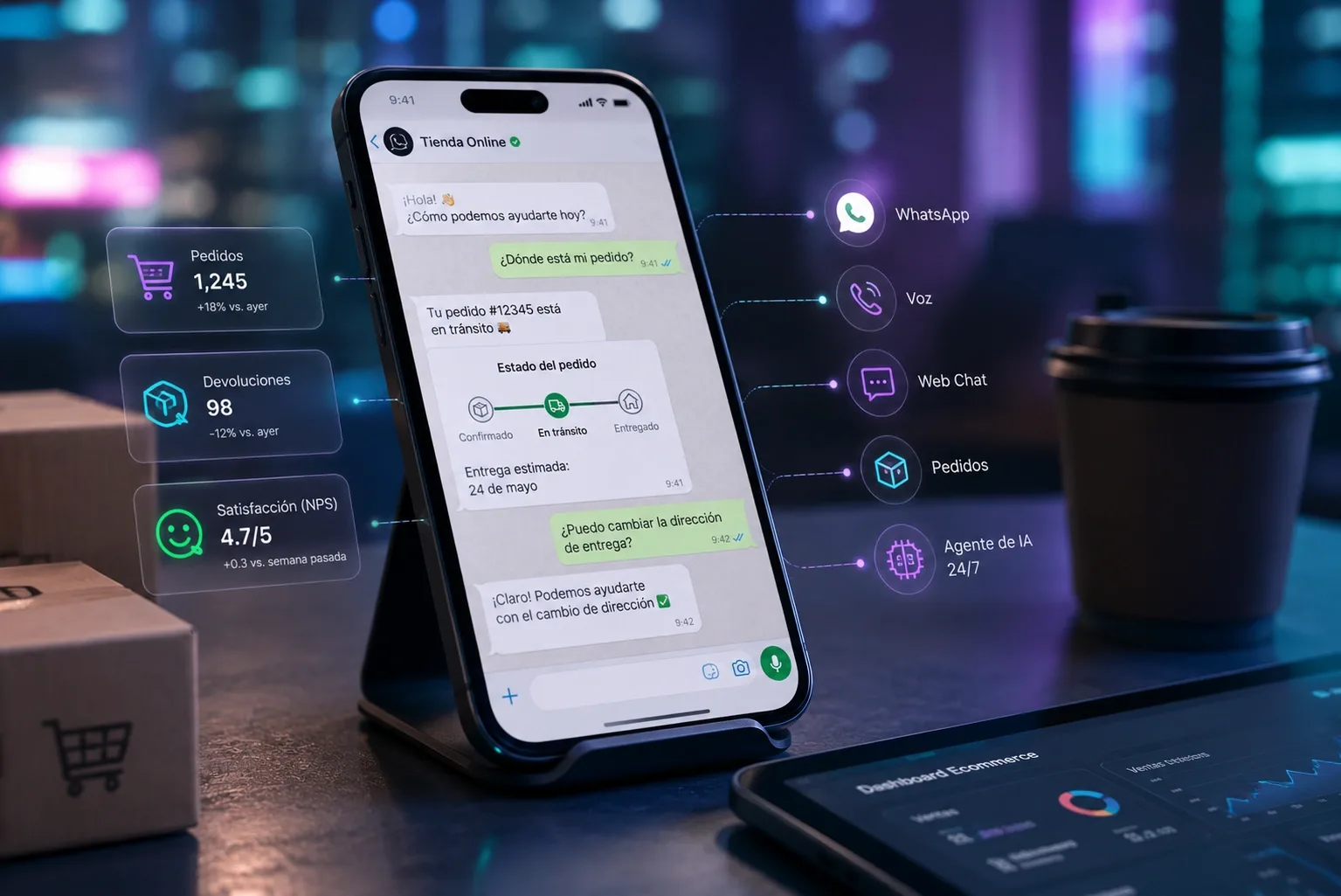 Vozy.ia agente de voz con IA para ecommerce, integrado a WhatsApp, voz, web chat y gestión de pedidos para automatizar consultas, cambios de dirección y seguimiento de entregas.