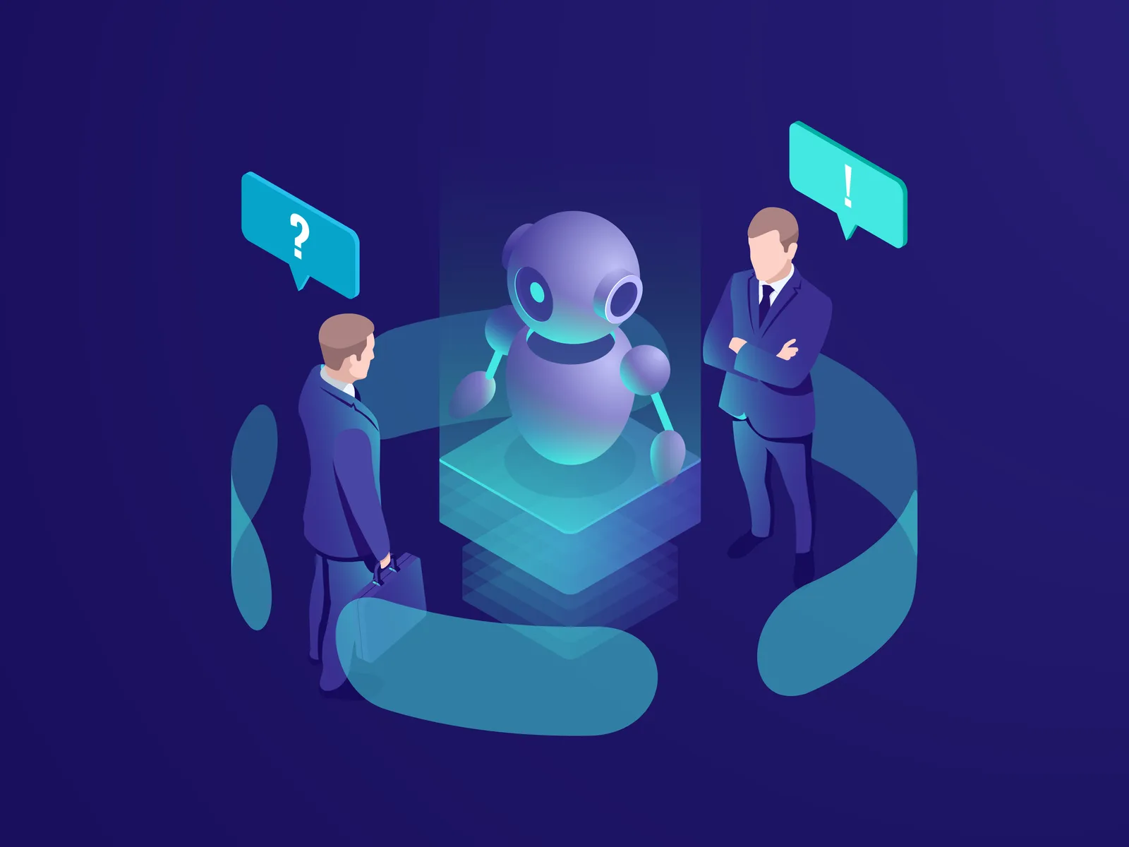 Vozy.ia agente de voz con IA conversacional representado por un robot interactuando con ejecutivos, preguntas y alertas en un entorno digital empresarial.