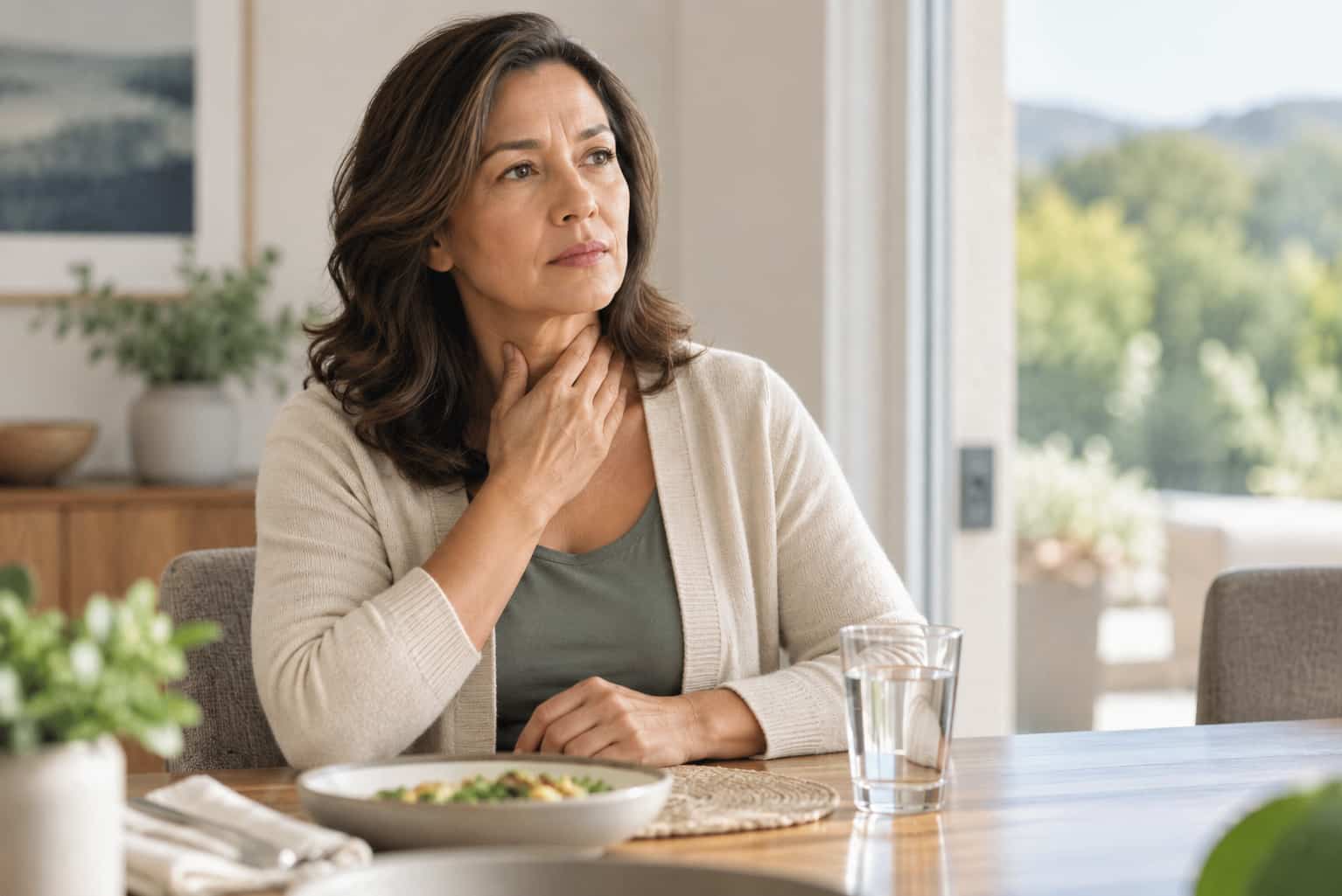Woman seated at a dining table with water for the Ultimate Guide to Difficulty Swallowing.