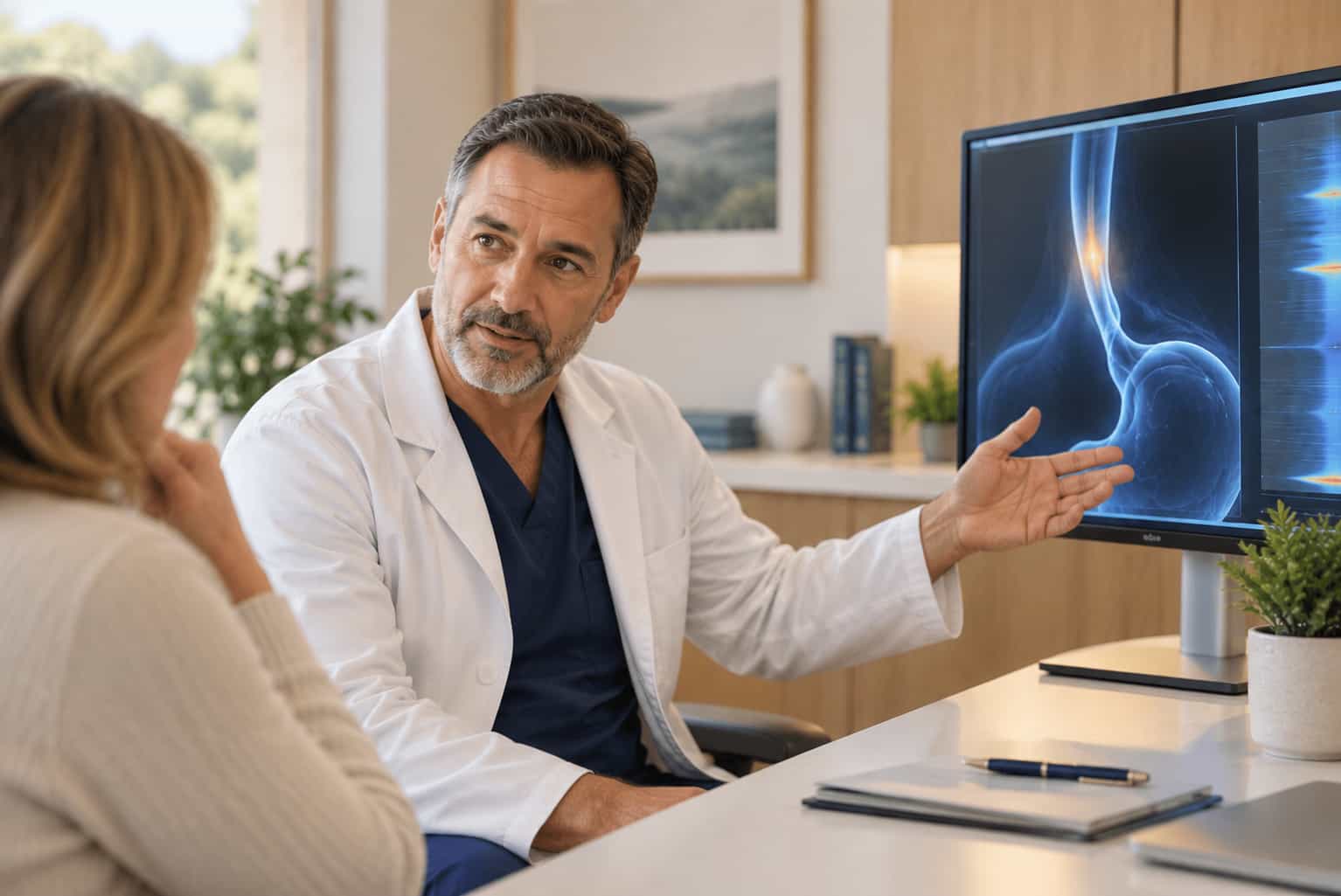 Specialist reviewing advanced esophageal diagnostic imagery with a patient for the Ultimate Guide to EndoFLIP Diagnostics.