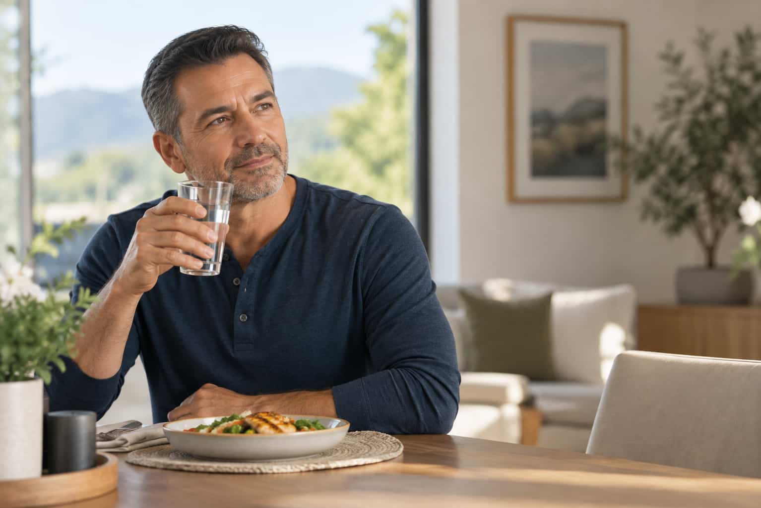 Man seated after a meal with water for the Ultimate Guide to GERD Surgery.