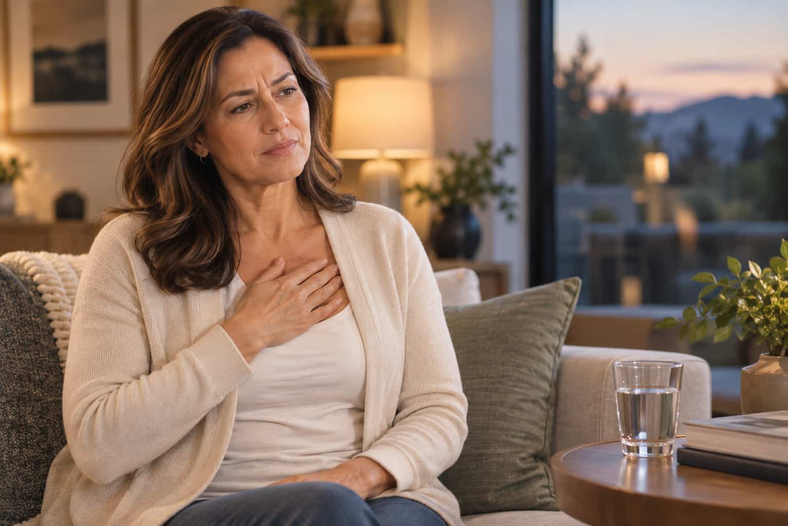 Woman seated with a hand near her chest in a home setting for the chronic heartburn symptom page.