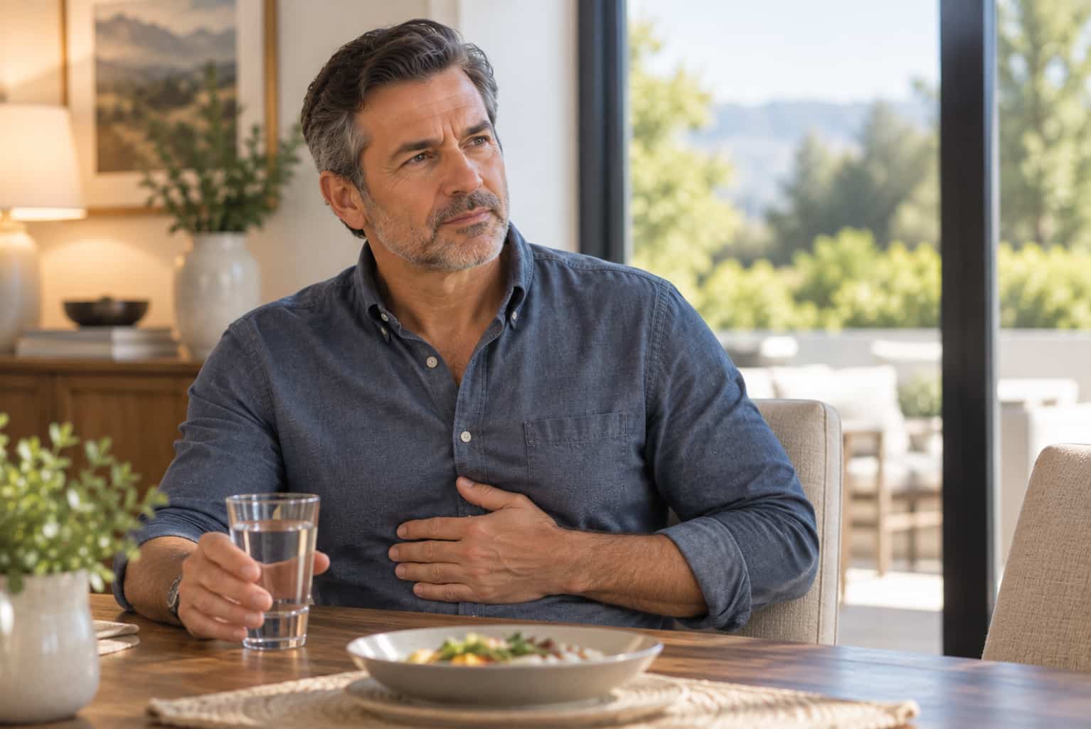 Man seated at a table with water for the regurgitation symptom page.