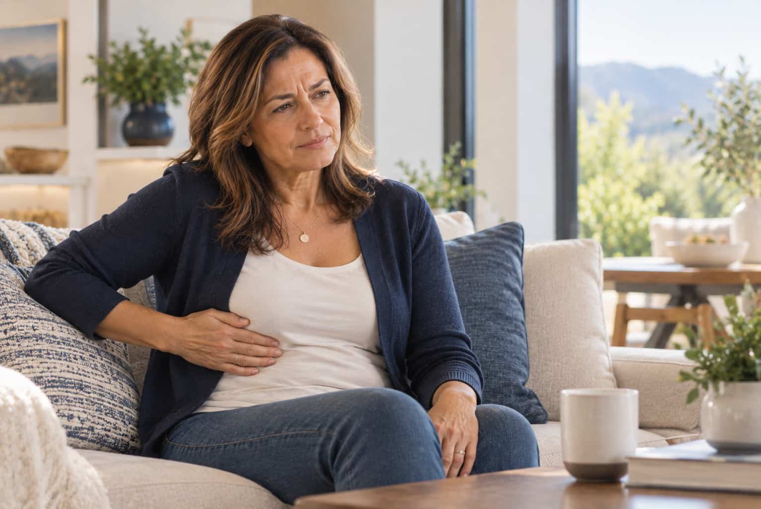 Woman seated on a sofa with a hand near her upper abdomen for the right upper abdominal pain symptom page.