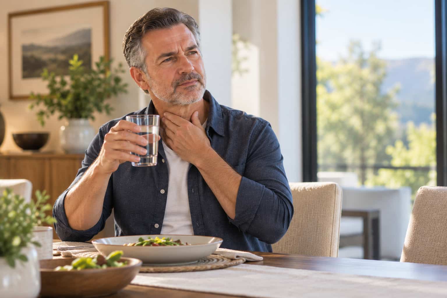 Man holding a glass of water with a hand near his throat for the trouble swallowing or food getting stuck symptom page.