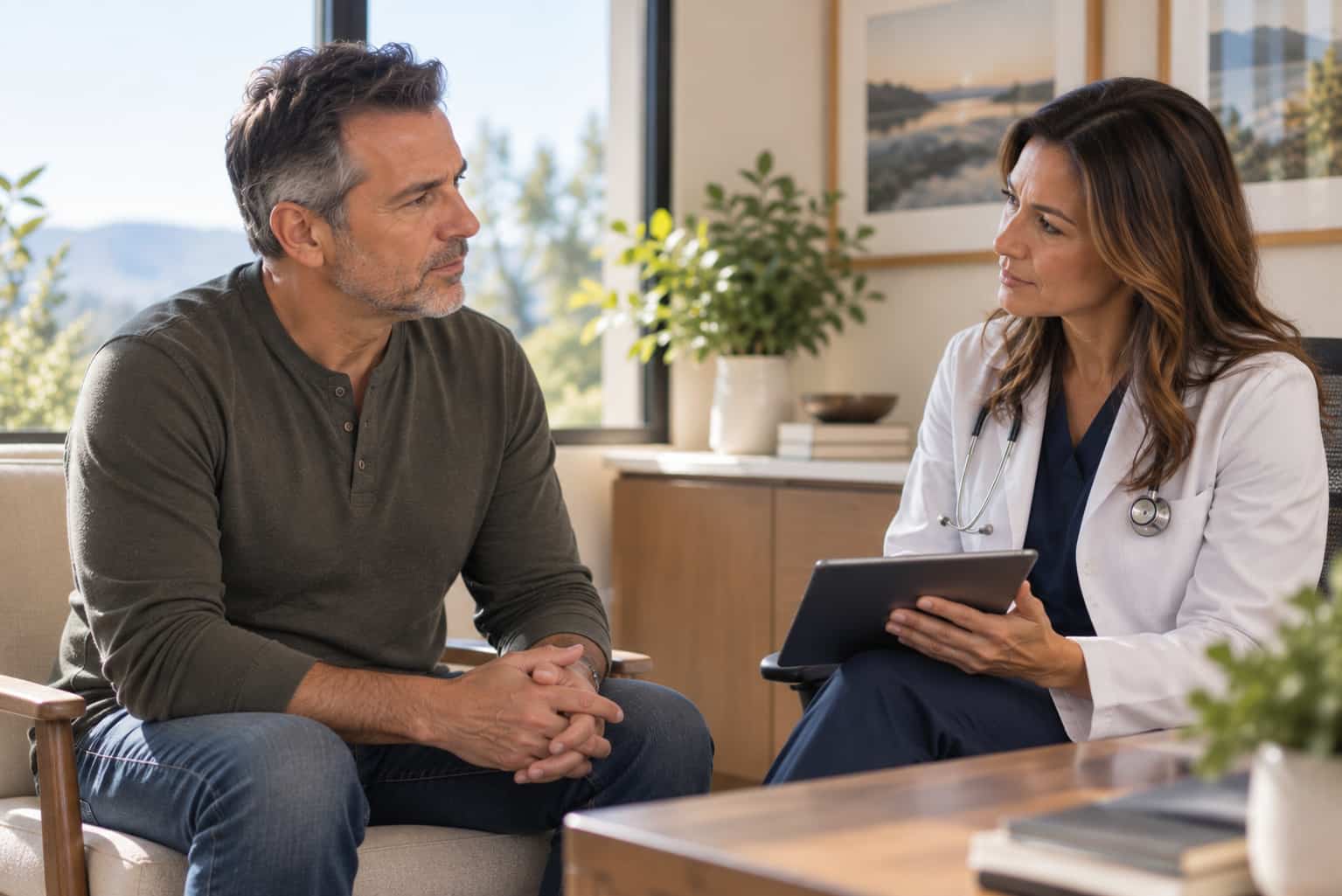 Patient discussing symptoms with a clinician in a consultation room for the yellow skin urgent guidance symptom page.