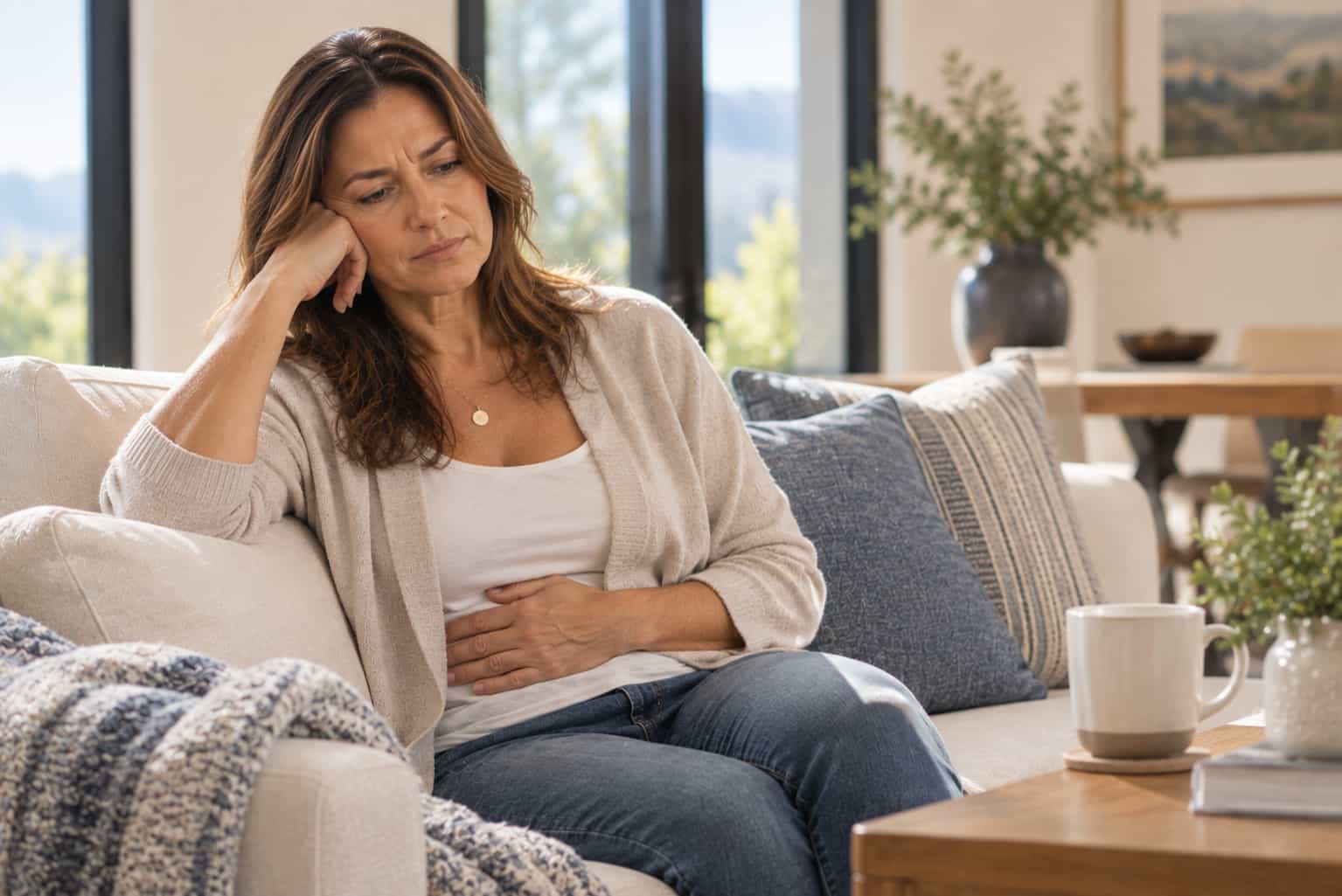 Woman resting in a home setting for the chronic nausea and vomiting symptom page.