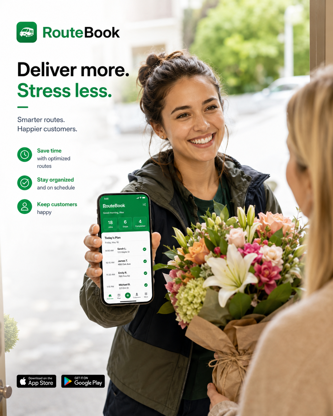 Woman delivering flowers while using RouteBook
