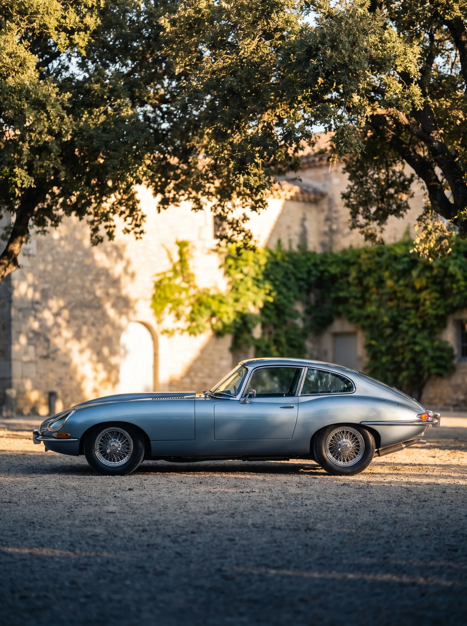 A silver-blue classic European sports coupe in profile on gravel before an ivy-covered stone building