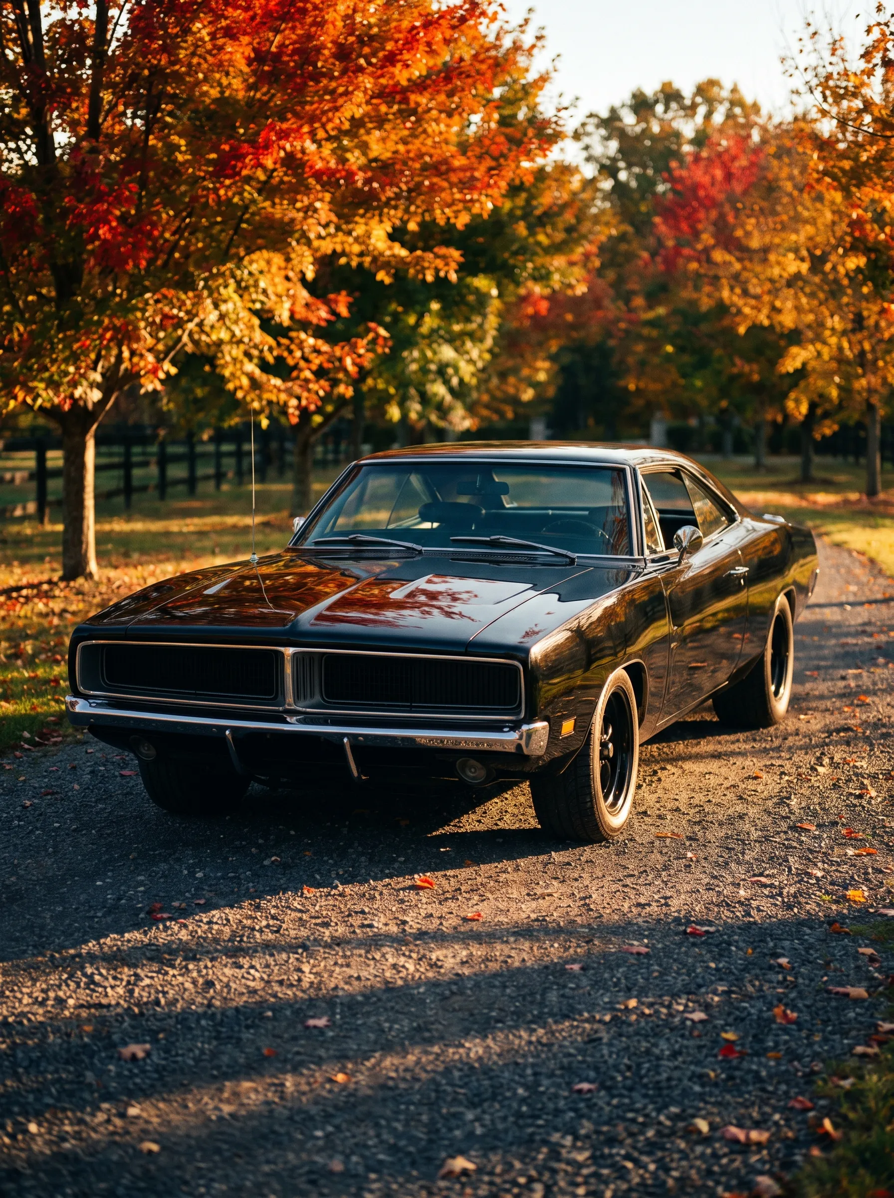 A black American muscle coupe on a gravel driveway lined with autumn trees at golden hour