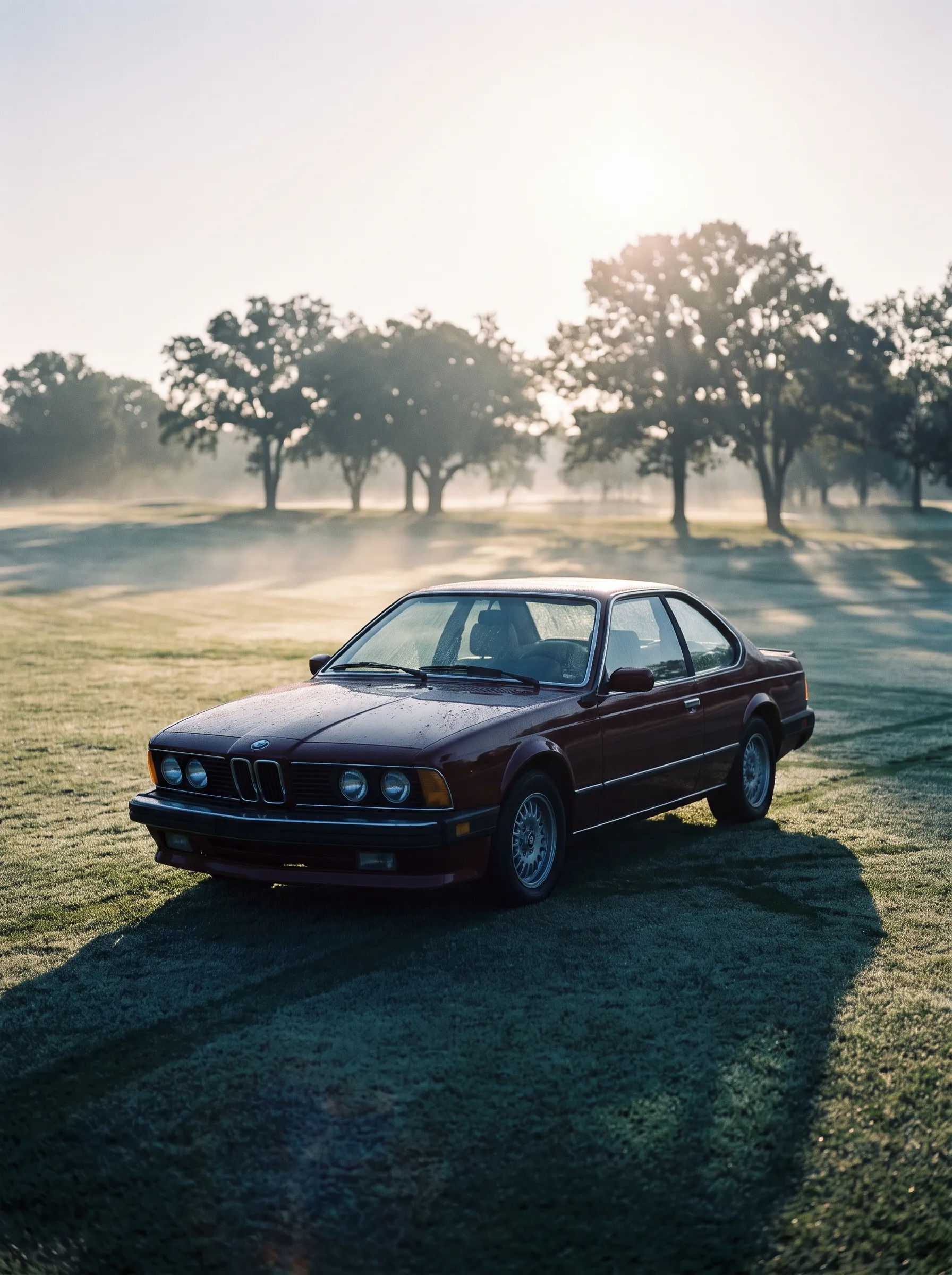A 1980s collector coupe in deep oxblood red on a misty golf-course fairway at dawn