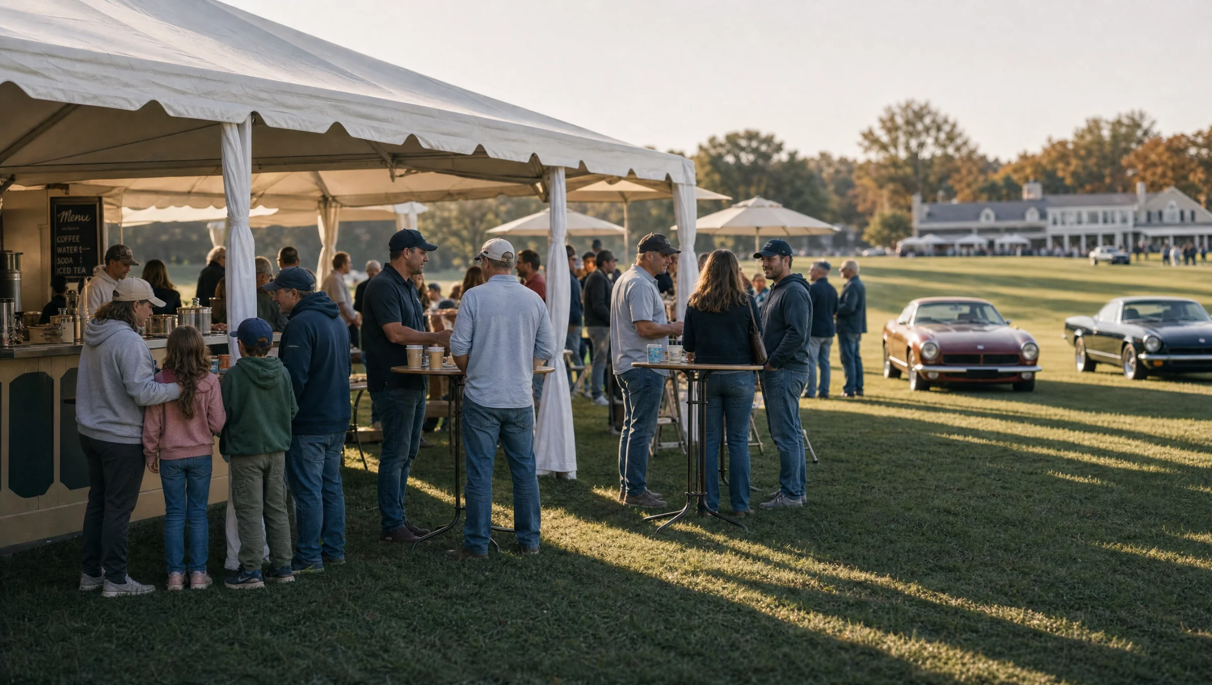 Guests talking under an open-sided hospitality marquee at the edge of the concours lawn
