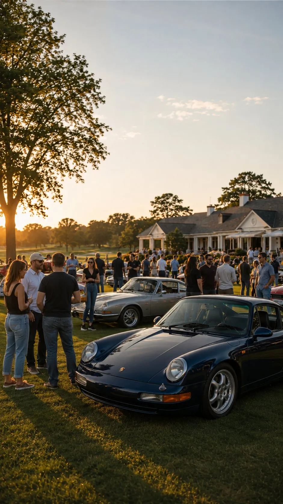Guests in jeans and shirtsleeves talking beside classic cars on the clubhouse lawn