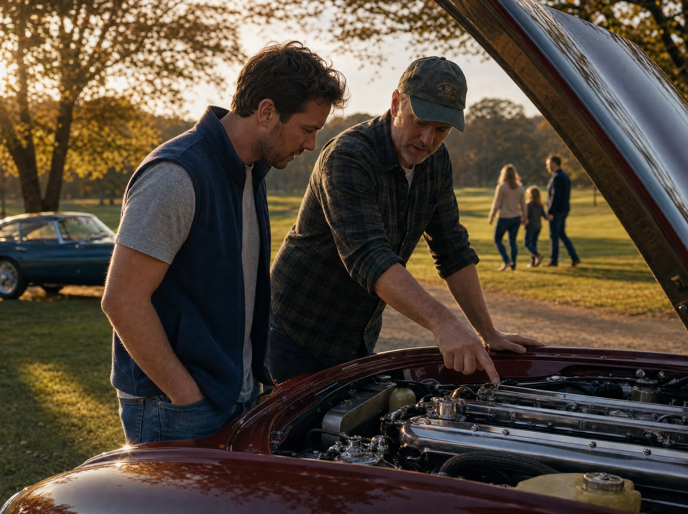 A guest leaning over an open engine bay while the owner explains a detail