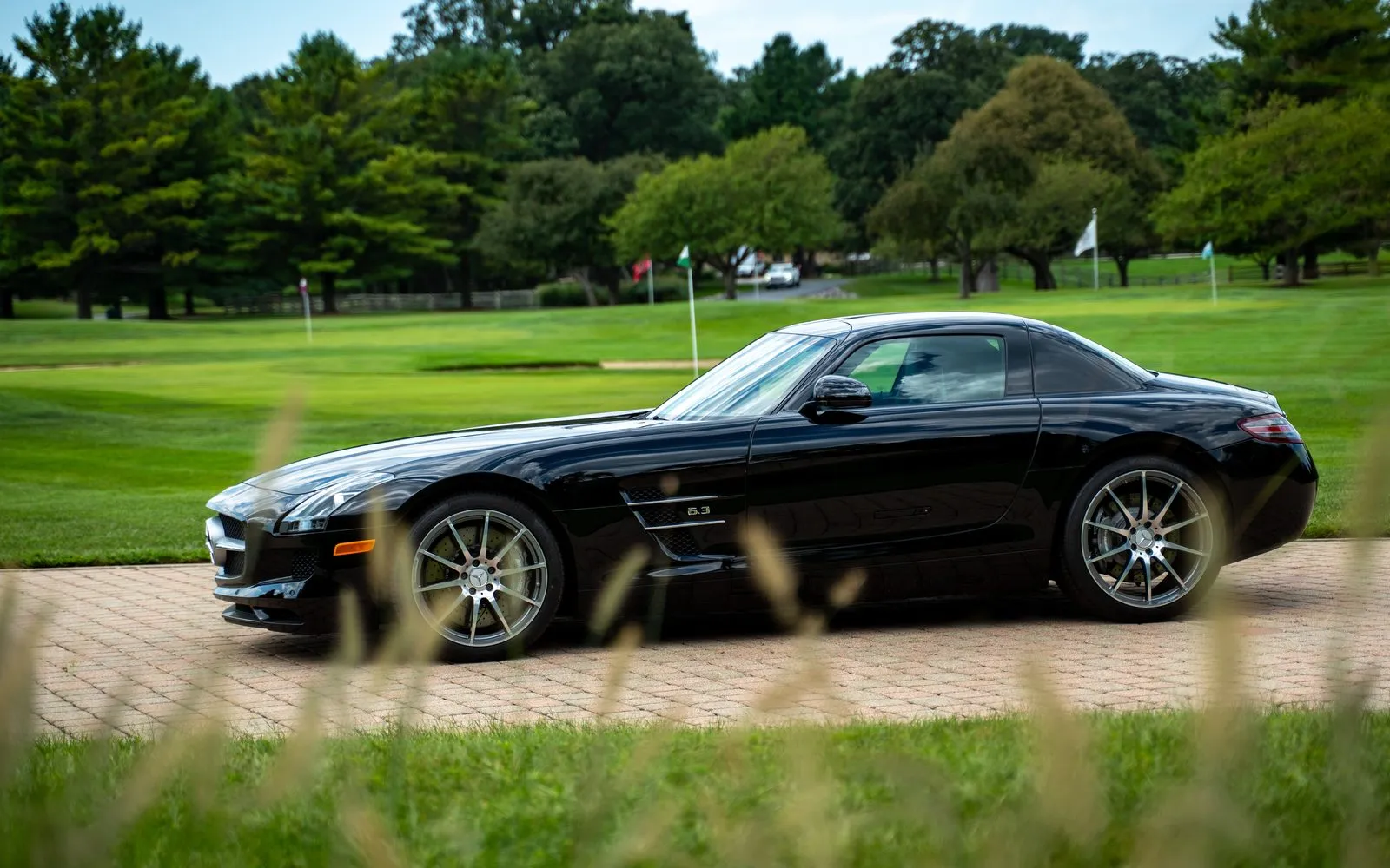 A 2011 Mercedes-Benz SLS AMG in profile beside the fairways