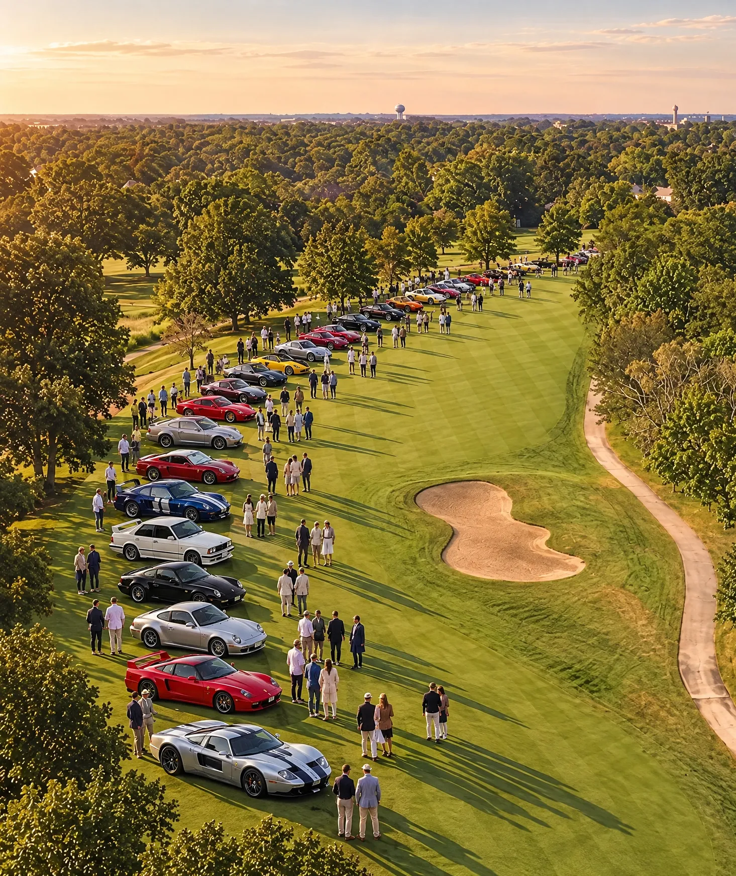A line of modern classics and supercars laid out along the fairway at Itasca Country Club, visitors walking beside them in the low evening sun
