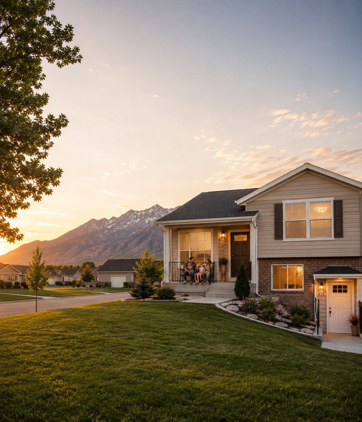 Family of four sitting on porch of house at sunset with mountains and green lawn in view.