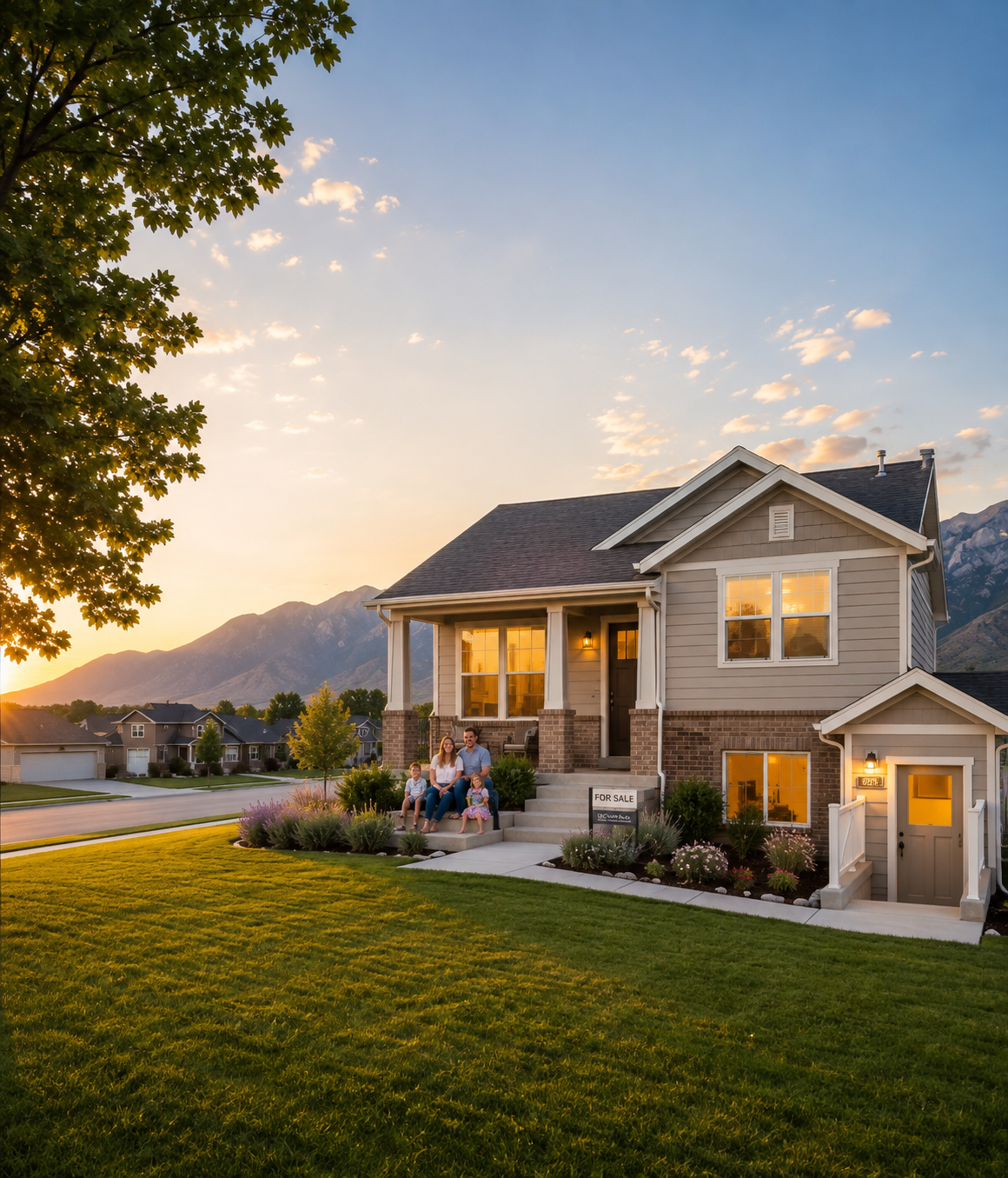 Family of four sitting on steps of a house with a for sale sign at sunset in a mountain neighborhood.