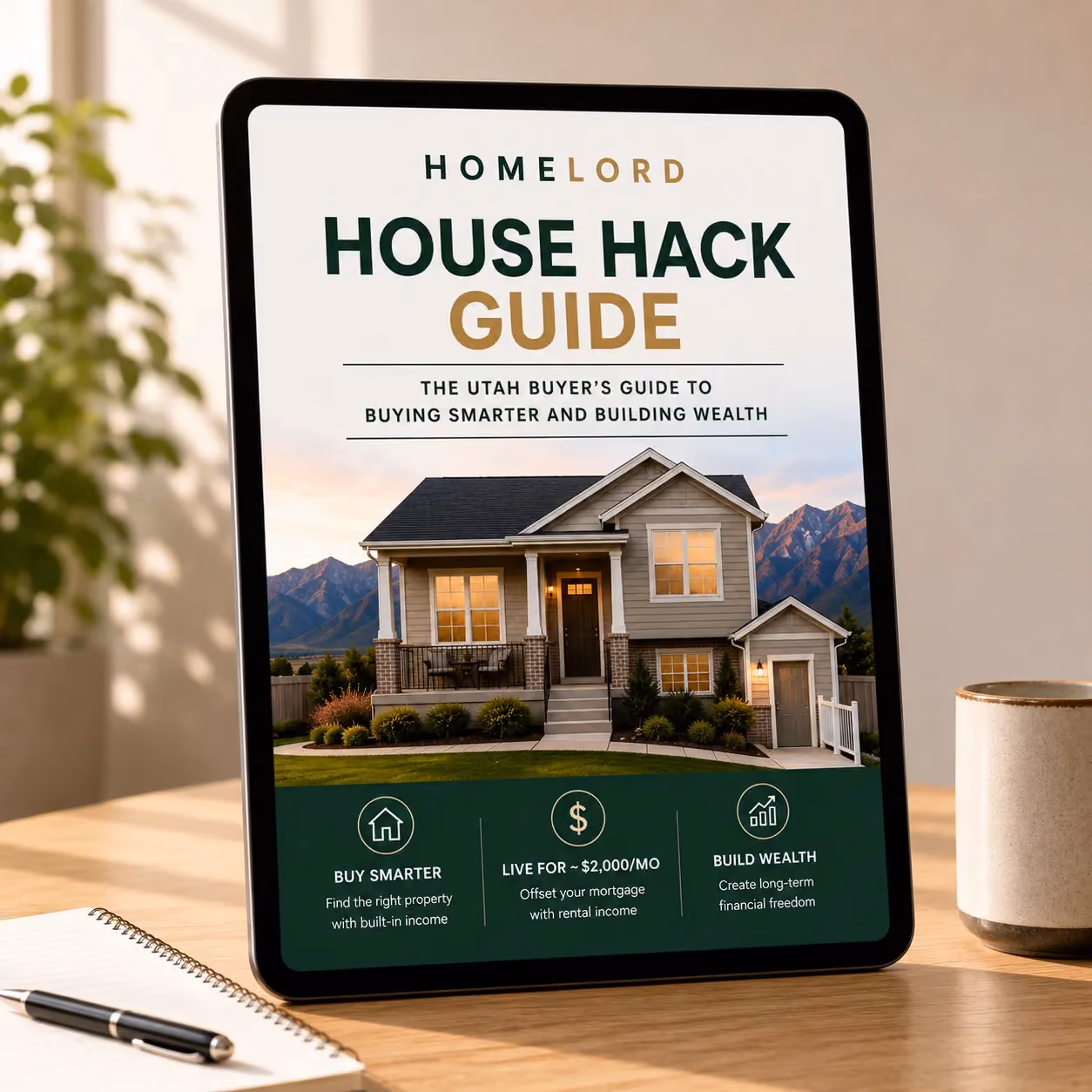 Tablet showing the Homelord House Hack Guide about buying smarter and building wealth with rental income.