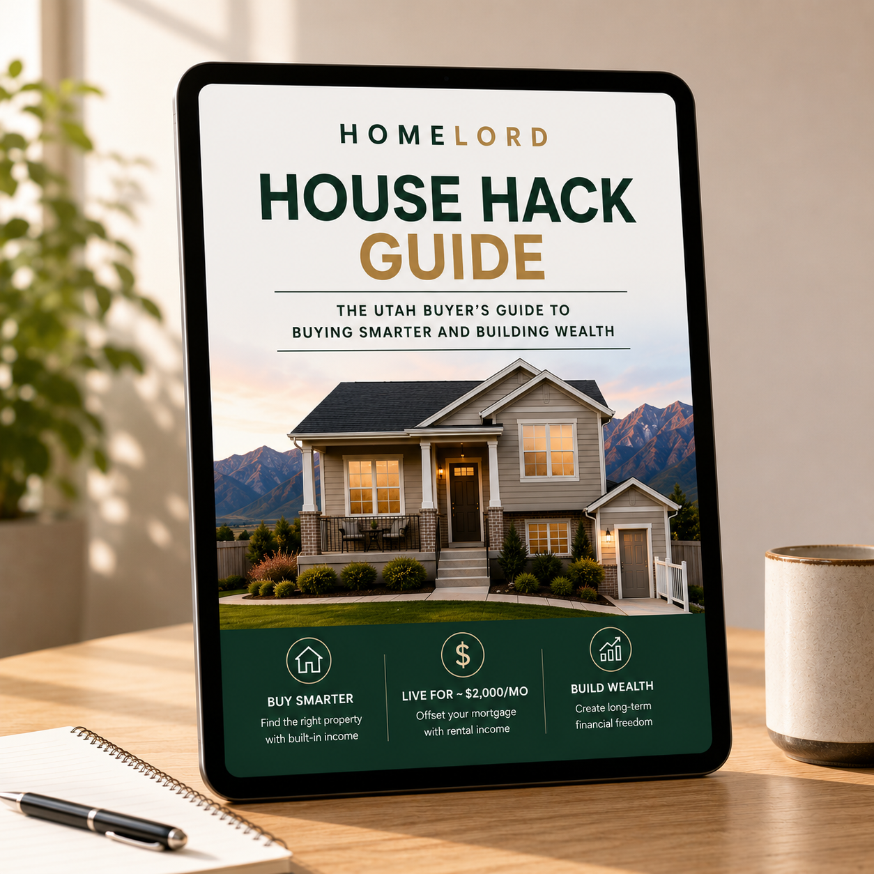Tablet showing HomeLord House Hack Guide about buying smarter and building wealth with rental income.