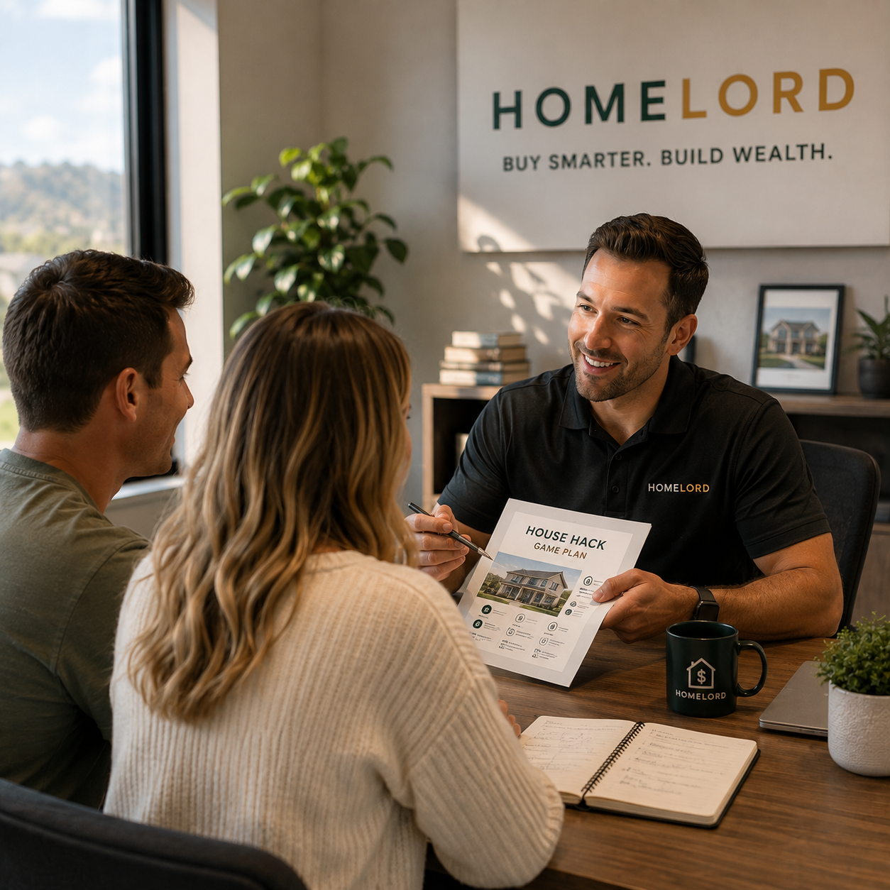 Real estate agent showing a house plan to a couple in an office with Homelord branding.