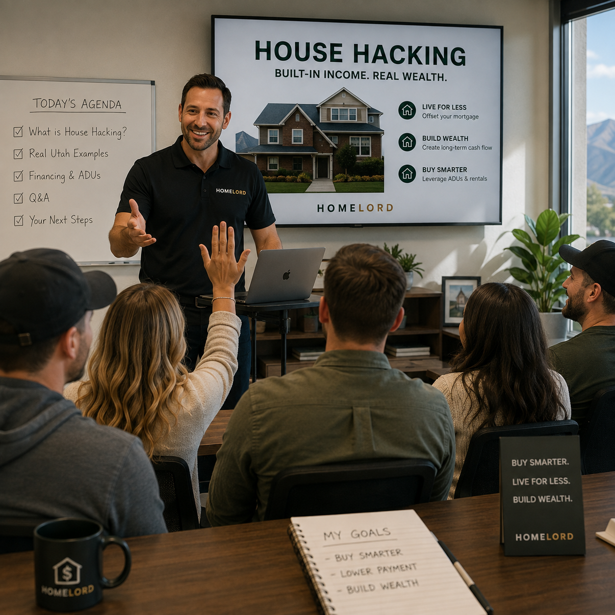 Instructor teaching house hacking with a presentation and whiteboard to a small engaged class.