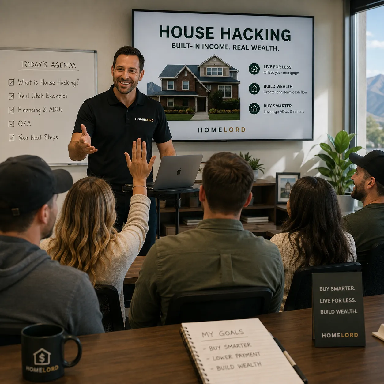 Instructor teaching house hacking with a presentation and whiteboard to a small engaged class.