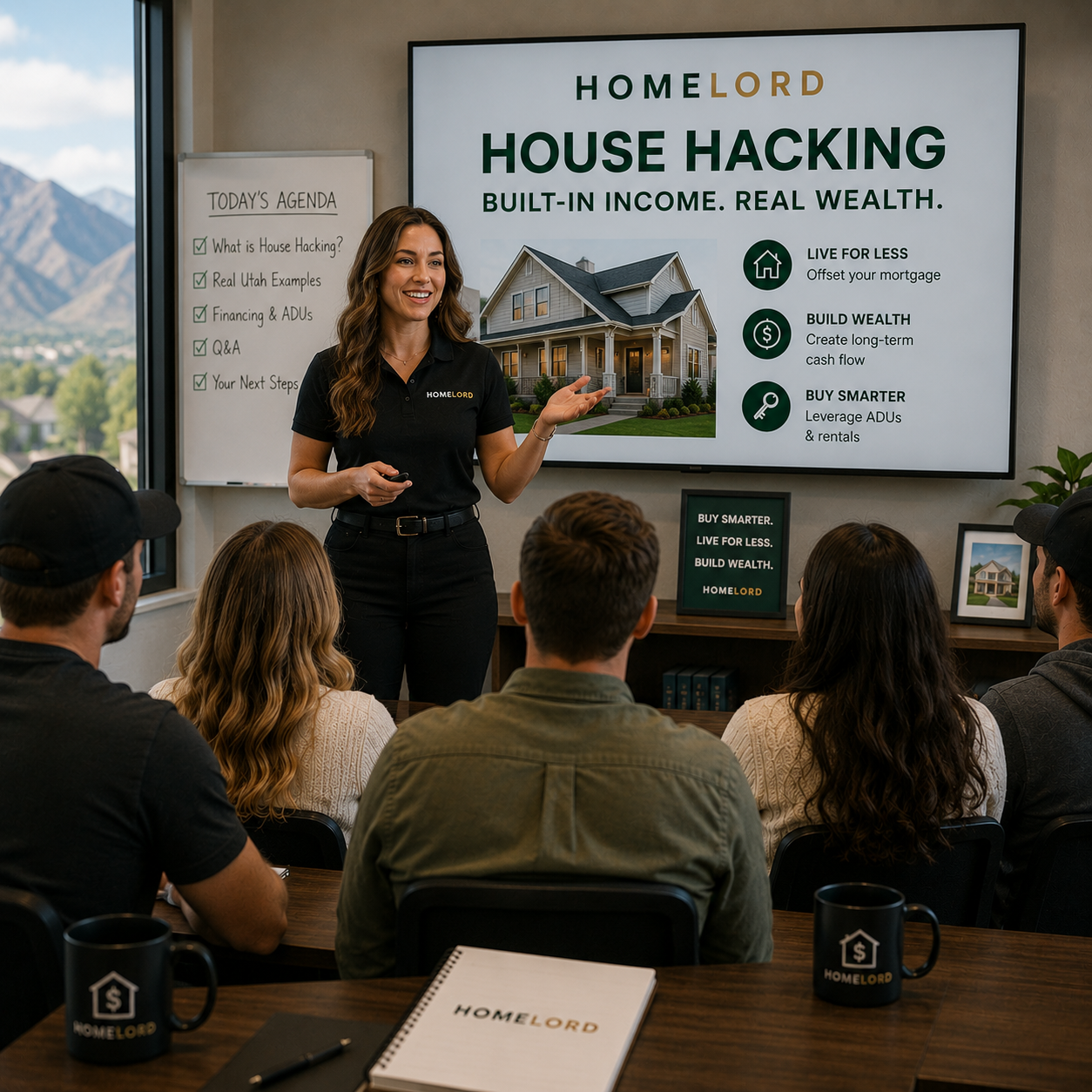 Woman presenting house hacking workshop to a small group in a room with mountain view.