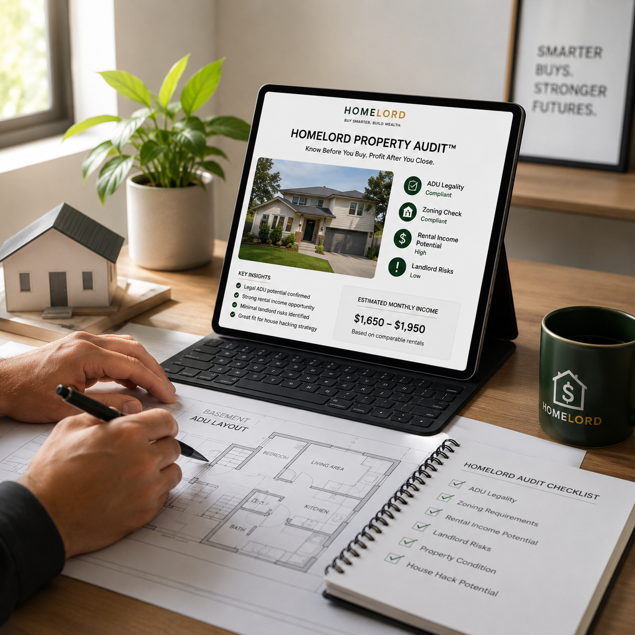 Person reviewing home audit layout and checklist next to tablet showing Homelord property audit report.