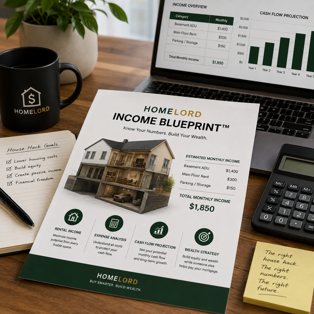 HomeLord Income Blueprint flyer on table with income goals, laptop, calculator, and coffee mug.